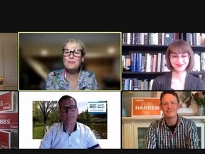 From left to right: Debate moderators, including former CBC Ottawa journalist Lucy Van Oldenbarneveld, Green party candidate Shelby Bertrand, Liberal candidate Katie Gibbs, PC candidate Scott Healey and NDP candidate Joel Harden. The major party candidates in Ottawa Centre participated in a virtual debate on Thursday, organized by the Glebe Community Association.