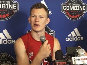 A young Brady Tkachuk answers questions during the NHL scouting meeting last held in person in 2018.
