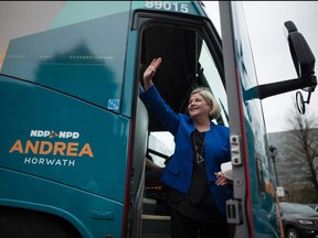 Ontario NDP Leader Andrea Horwath waves to the media before visiting communities across the GTA, as part of the 2022 Ontario election campaign trail, at Queen's Park in Toronto, on Wednesday, May 4, 2022.
