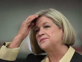 Ontario NDP Leader Andrea Horwath looks on during a news conference announcing her party's plan to lower auto insurance rates by 40% if elected, during a campaign stop in Brampton on Wednesday, May 11, 2022.