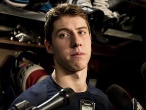 Maple Leafs' Mitch Marner speaks to reporters after a locker clean-out at the Scotiabank Arena in Toronto, on Thursday, April 25, 2019.