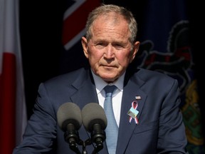 Former U.S. President George W. Bush speaks during an event commemorating the 20th anniversary of the Sept. 11, 2001 attacks at the Flight 93 National Memorial in Stoystown, Pa., Sept. 11, 2021.