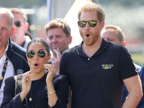 Prince Harry, Duke of Sussex and Meghan, Duchess of Sussex are seen at the Jaguar Land Rover Driving Challenge on day one of the Invictus Games The Hague 2020 at Zuiderpark on April 16, 2022 in The Hague, Netherlands. (Photo by Chris Jackson/Getty Images for the Invictus Games Foundation )