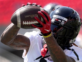 Receiver Justin Hardy pulls in a pass at Ottawa Redblacks rookie camp on Wednesday at TD Place.