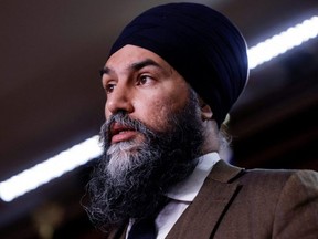 NDP Leader Jagmeet Singh speaks to media on Parliament Hill in Ottawa, April 27, 2022.