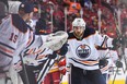 Leon Draisaitl of the Edmonton Oilers celebrates with the bench after scoring against the Calgary Flames during their playoff series, which Edmonton won.