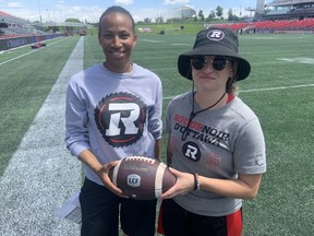 Nadia Doucoure (left) and Meagan Ferguson have been working with the Ottawa Redblacks coaching staff through training camp. TIM BAINES/ Postmedia