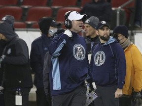 Toronto Argonauts head coach Ryan Dinwiddie on the sidelines during the fourth quarter CFL action in Toronto, Ont. on Friday November 12, 2021.