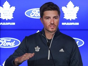 Toronto Maple Leafs General Manager Kyle Dubas speaks to the media as their NHL training camp starts in Toronto on Wednesday, Sept. 22, 2021.