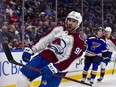 Colorado Avalanche center Nazem Kadri reacts after scoring a goal against the St. Louis Blues during the second period at Enterprise Center.