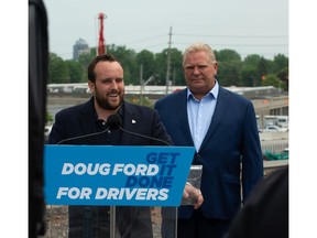 Ontario Progressive Conservative Party Leader Doug Ford with Ottawa West-Nepean MPP Jeremy Roberts during a stop in the 2022 Ontario provincial election campaign in Ottawa, Ont. on Monday, May 30, 2022.