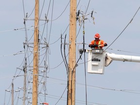 Hydro workers working on hydro lines on Merivale Road in Ottawa on Monday.