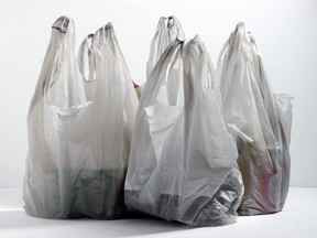 Plastic shopping bags used to carry groceries.