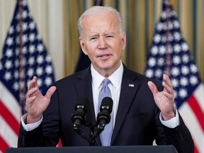 U.S. President Joe Biden delivers remarks on the March jobs report, during a speech in the State Dining Room at the White House in Washington, U.S., April 1, 2022.