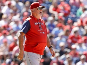 PHILADELPHIA, PENNSYLVANIA - JUNE 05: Joe Maddon #70 of the Los Angeles Angels reacts during the fifth inning against the Philadelphia Phillies at Citizens Bank Park on June 05, 2022 in Philadelphia, Pennsylvania.