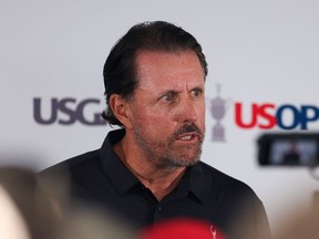 Phil Mickelson of the United States speaks to the media during a press conference prior to the 2022 U.S. Open at The Country Club on June 13, 2022 in Brookline, Massachusetts.