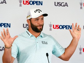Jon Rahm addresses the media during a news conference for the U.S. Open golf tournament.