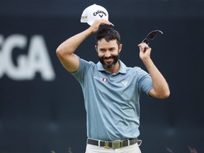 Canadian Adam Hadwin reacts on the ninth green during round one of the 122nd U.S. Open Championship.