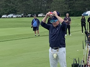 Former Ottawa Senators captain Daniel Alfredsson sports a jock outside of his pants, a pair of clown-sized blue plastic glasses over his eyes and a Pabst Blue Ribbon baseball cap turned inside during the David Feherty Classic at Gatineau’s Royal Ottawa Golf Club on Monday afternoon.