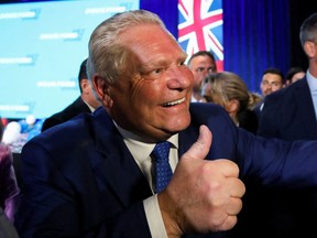 Ontario Premier Doug Ford gestures at his Ontario PC Party provincial election night watch party at the Toronto Congress Centre in Etobicoke on June 2.