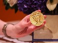 The 2021 Nobel Peace Prize awarded to Dmitry Muratov, editor-in-chief of the Russian newspaper Novaya Gazeta, is displayed during a charity auction at The Times Center in New York City, Monday, June 20, 2022.