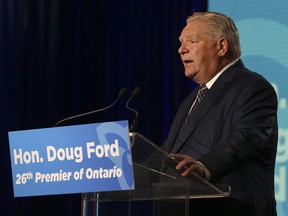 Ontario Premier Doug Ford speaks to the media the day after the winning a majority during the 2022 election at the Toronto Congress Centre. on Friday, June 3, 2022.