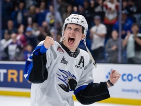 Saint John Sea Dogs defenceman William Villeneuve (13) of the Saint John Sea Dogs after defeating the Shawinigan Cataractes at the 2022 Memorial Cup on June 25, 2022, at Harbour Station arena in Saint John, NB.