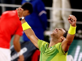 Spain's Rafael Nadal celebrates winning his quarter final match against Serbia's Novak Djokovic.