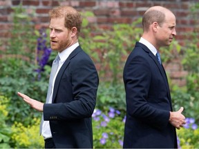 In this file photo taken on July 01, 2021 Britain's Prince Harry, Duke of Sussex (L) and Britain's Prince William, Duke of Cambridge attend the unveiling of a statue of their mother, Princess Diana at The Sunken Garden in Kensington Palace, London which would have been her 60th birthday.