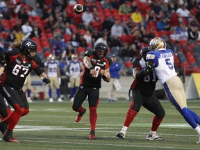 Ottawa Redblacks quarterback Jeremiah Masoli throws the ball during first half action against the Winnipeg Blue Bombers at TD Place Stadium on Friday, June 17, 2022.