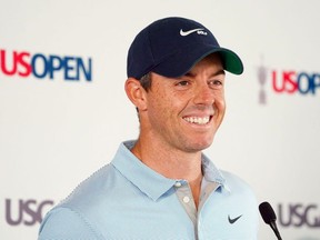 Rory McIlroy addresses the media during a press conference for the U.S. Open golf tournament at The Country Club.