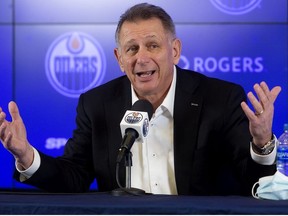 Edmonton Oilers General Manager and President of Hockey Operations Ken Holland speaks to reporters after firing head coach Dave Tippett and replacing him with Jay Woodcroft, in Edmonton on Thursday Feb. 10, 2022.
