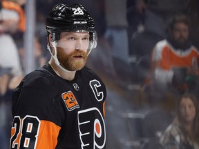 Philadelphia Flyers Claude Giroux (28) looks on during the second period against the Nashville Predators at Wells Fargo Center on March 17, 2022 in Philadelphia, Pennsylvania.