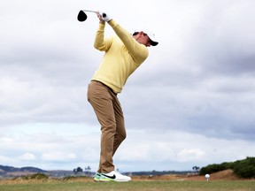 Rory McIlroy of Northern Ireland tees off the 6th hole during Day One of The 150th Open at St Andrews Old Course on July 14, 2022 in St Andrews, Scotland.