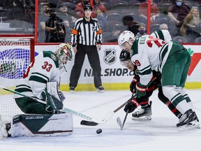 Goalie Cam Talbot, acquired by Ottawa on Tuesday, tracks a rebound in a game between the Minnesota Wild and the Senators in February 2022.