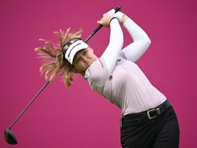 Brooke Henderson plays her tee shot on the first hole during the three round of The Amundi Evian Championship at Evian Resort Golf Club in Evian-les-Bains, France, Saturday, July 23, 2022.