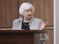 U.S. Treasury Secretary Janet Yellen speaks during a meeting on the U.S. Economy with CEOs and U.S. President Joe Biden in the South Court Auditorium of the White House, Thursday, July 28, 2022 in Washington, D.C.