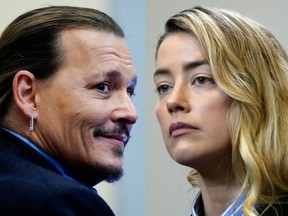 A composite image with actor Johnny Depp and ex-wife actor Amber Heard.