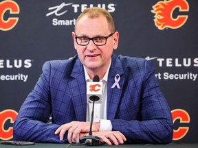 Mar 16, 2022; Calgary, Alberta, CAN; Calgary Flames General Manager Brad Treliving during interview prior to the game against the New Jersey Devils at Scotiabank Saddledome. Mandatory Credit: Sergei Belski-USA TODAY Sports