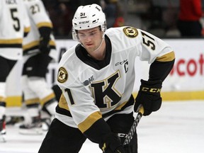 Kingston Frontenacs centre Shane Wright in warmup prior to his Ontario Hockey League game against the Peterborough Petes at the Leon's Centre in Kingston on Friday, Nov. 26, 2021.