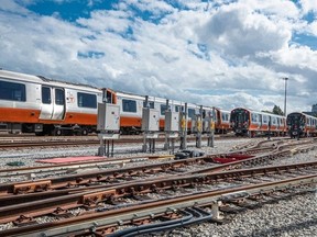 Massachusetts Bay Transportation Authority's Orange Line trains are seen at the Wellington Yard and Maintenance Facility in Boston.