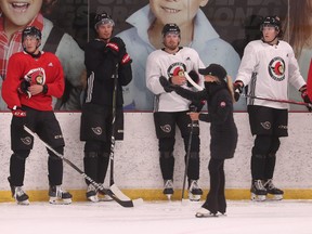 Day 2 of Ottawa Senators development camp took place at the Bell Sensplex on Tuesday. Shelley Kettles, a renowned technical skating specialist, runs her drills during camp Tuesday.