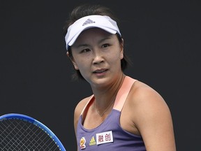 China's Peng Shuai reacts during her first round singles match against Japan's Nao Hibino at the Australian Open tennis championship in Melbourne, Australia on Jan. 21, 2020.