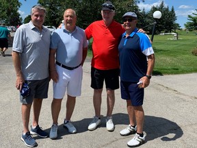 L-R, Murray Wilson, Tim Higgins, Larry Robinson and Claude Julien. Robinson guest of honour at Ottawa Valley Hockey Oldtimers 50th anniversary tournament.