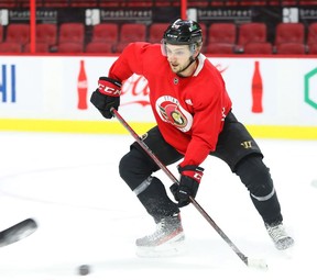 Files: Erik Brannstrom during practice at the Canadian Tire Centre in Ottawa, Feb. 16, 2022.