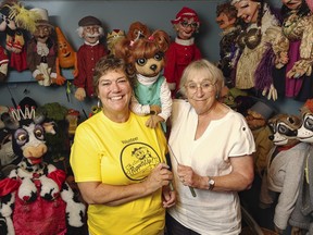 Noreen Young, right, artistic director, with her puppet Gloria of Under the Umbrella Tree fame, and Jane Torrance, executive director, of the Puppets Up! International Puppet Festival.