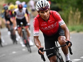 In this file photo taken on July 13, 2022 Team Arkea-Samsic team's Colombian rider Nairo Quintana cycles in the ascent of the Col du Granon Serre Chevalier during the final kilometers the 11th stage of the 109th edition of the Tour de France cycling race, 151,7 km between Albertville and Col du Granon Serre Chevalier, in the French Alps.