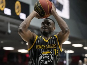 Hamilton Honey Badgers guard Caleb Agada shoots a free throw during the CEBL championship final, Sunday, Aug. 14, 2022 in Ottawa.  The Hamilton Honey Badgers defeated the Scarborough Shooting Stars to win the CEBL Championship title.