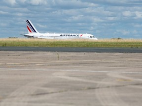 An Air France-KLM airplane is seen on the tarmac at Chateauroux-Centre Marcel Dassault Airport in Chateauroux, France, on Friday, July 1, 2022.