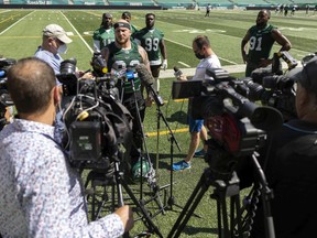 Saskatchewan Roughriders defensive tackle Garrett Marino speaks with reporters after practice at Mosaic Stadium on Tuesday.